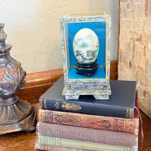 Vintage Oriental Hand Painted Egg in Glass Case - Picture 7 of 16